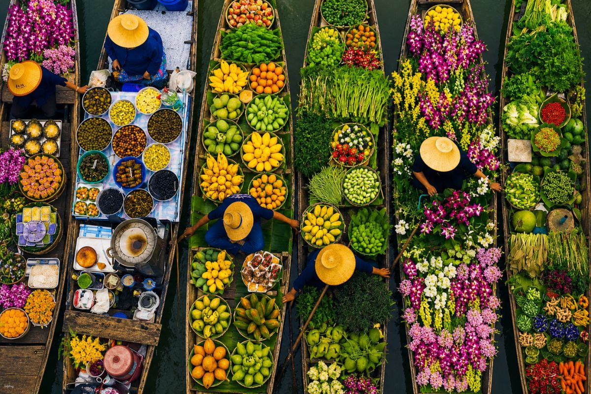 Boats filled with fresh produce and tourists at Damnoen Saduak floating market near Bangkok